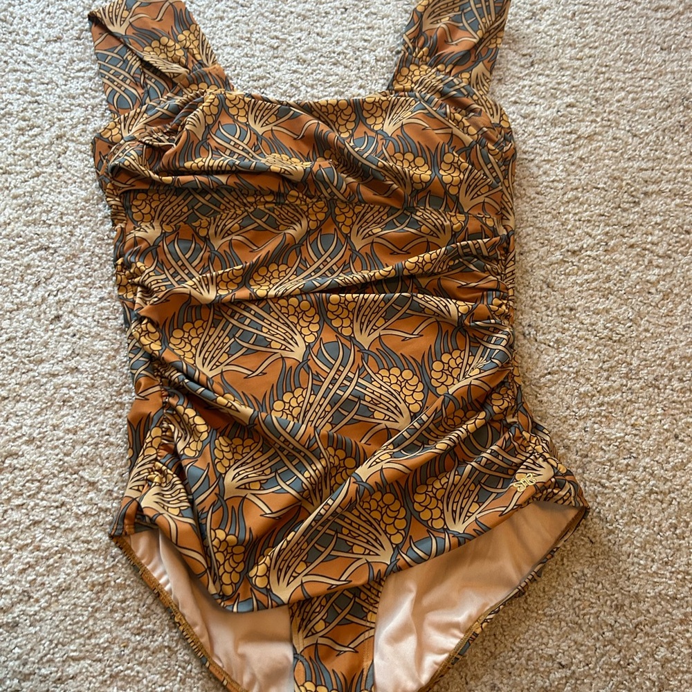 Albion Womens One-Piece Swimsuit in Mustard and Gray Leaf Print - Picture 4 of 6